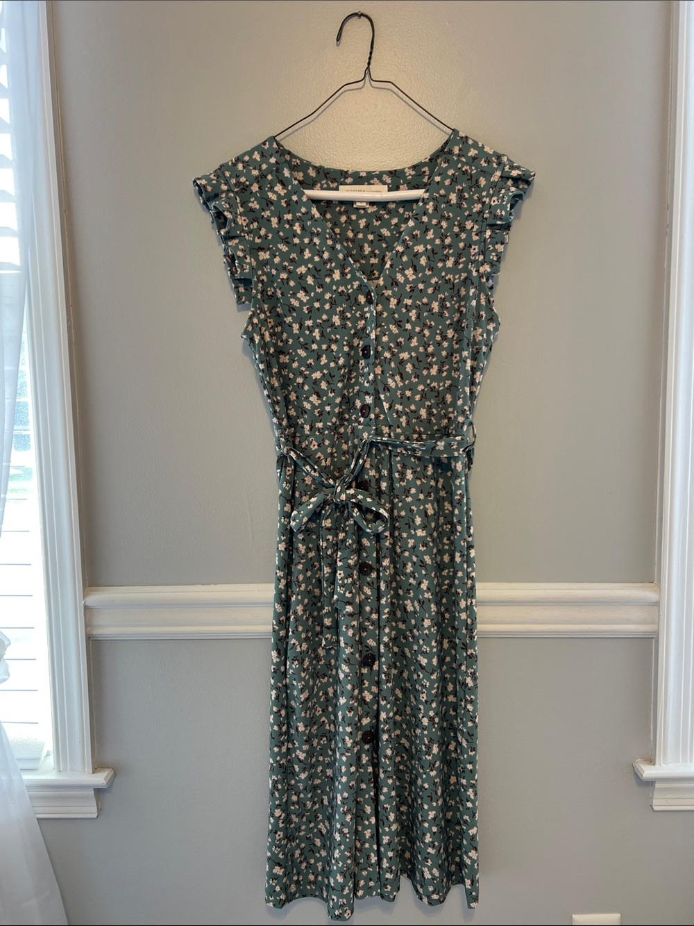 Monteau Los Angeles Teal Green Floral Button Front Midi Dress with Tie Waist